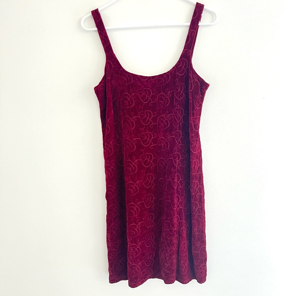 Vintage 90s Beth Schaeffer Red Stitched Floral Velvet Mini Slip Dress Medium